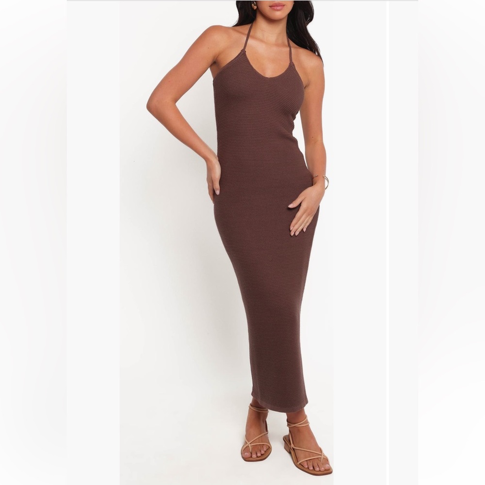 Petal & Pup Darya Brown Ribbed Bodycon Halter Maxi Dress